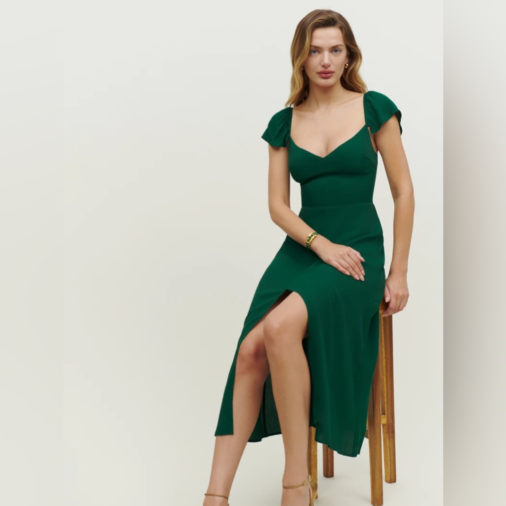 Reformation Baxley Fit And Flare Midi Dress In Emerald Size 4